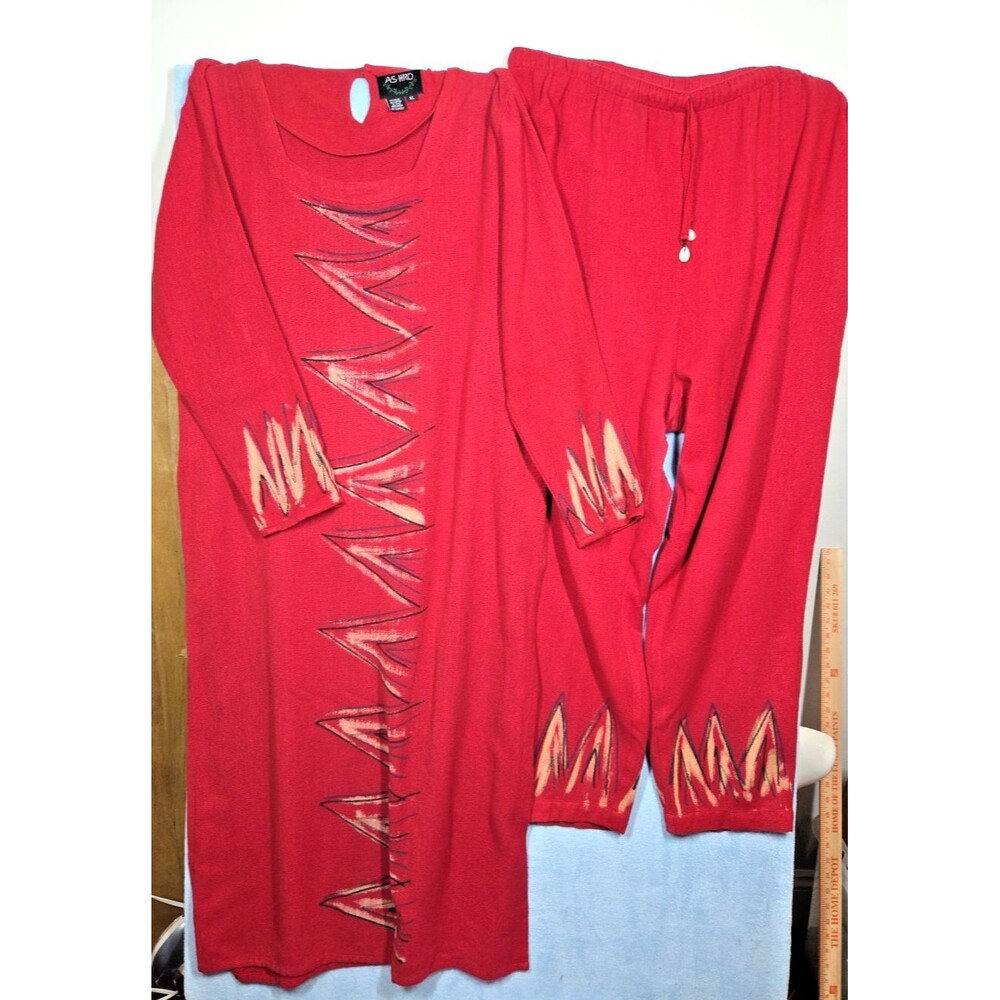 ASHRO RED TUNIC AND PANT SET SIZE XL AFRICAN MODEST PLUS ART TO WEAR LAGANLOOK *